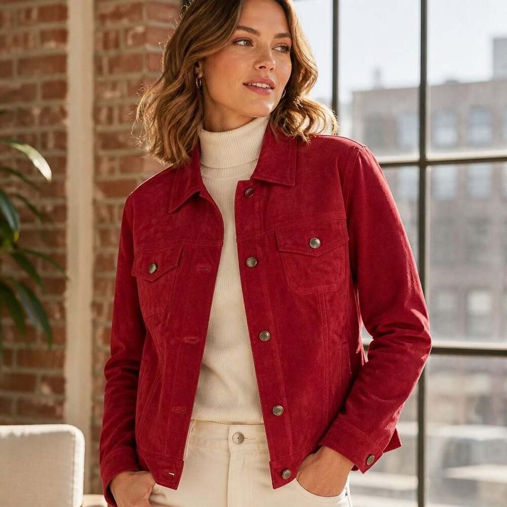 Charter Club Women's Red Genuine Suede Leather Button-Up Jacket
